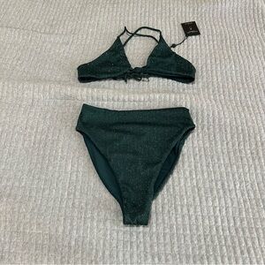 Skatie Dark Green and Gold Sparkling Bikini. Monroe Bottoms, Sarah Top NWT